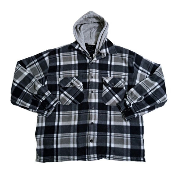Plaid Flannel Men's Large To Medium Jacket Hooded Quilted Lining Shacket Black - Picture 1 of 11
